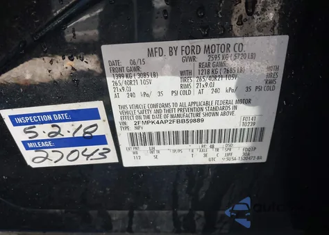 2015 Ford Edge Sport z USA, uszkodzony, nr VIN 2FMPK4AP2FBB59889